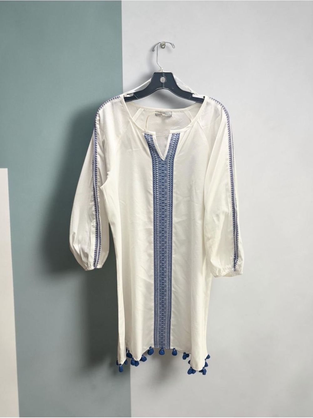Cost Plus World Market Cream Tunic with Blue Embroidery and Tassels